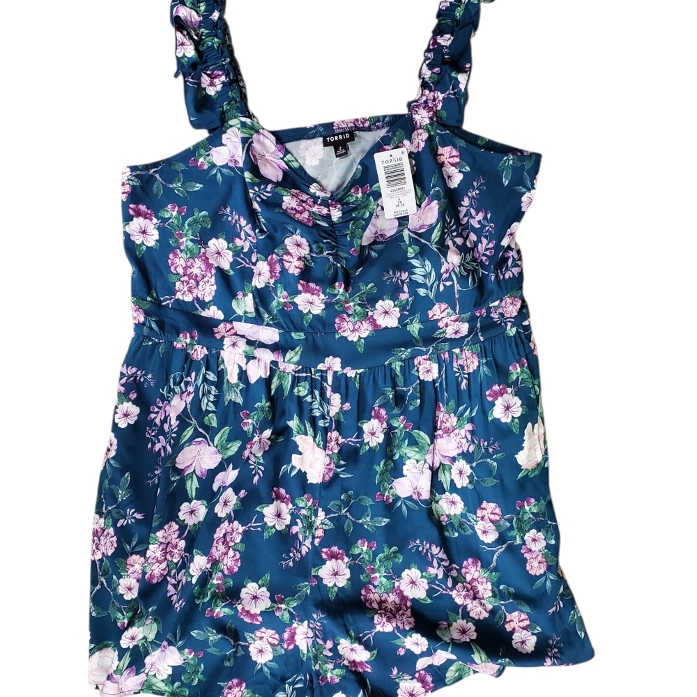 NWT Torrid Melinda Floral Legion Blue Romper Fixed Straps, Pockets Size 2X
